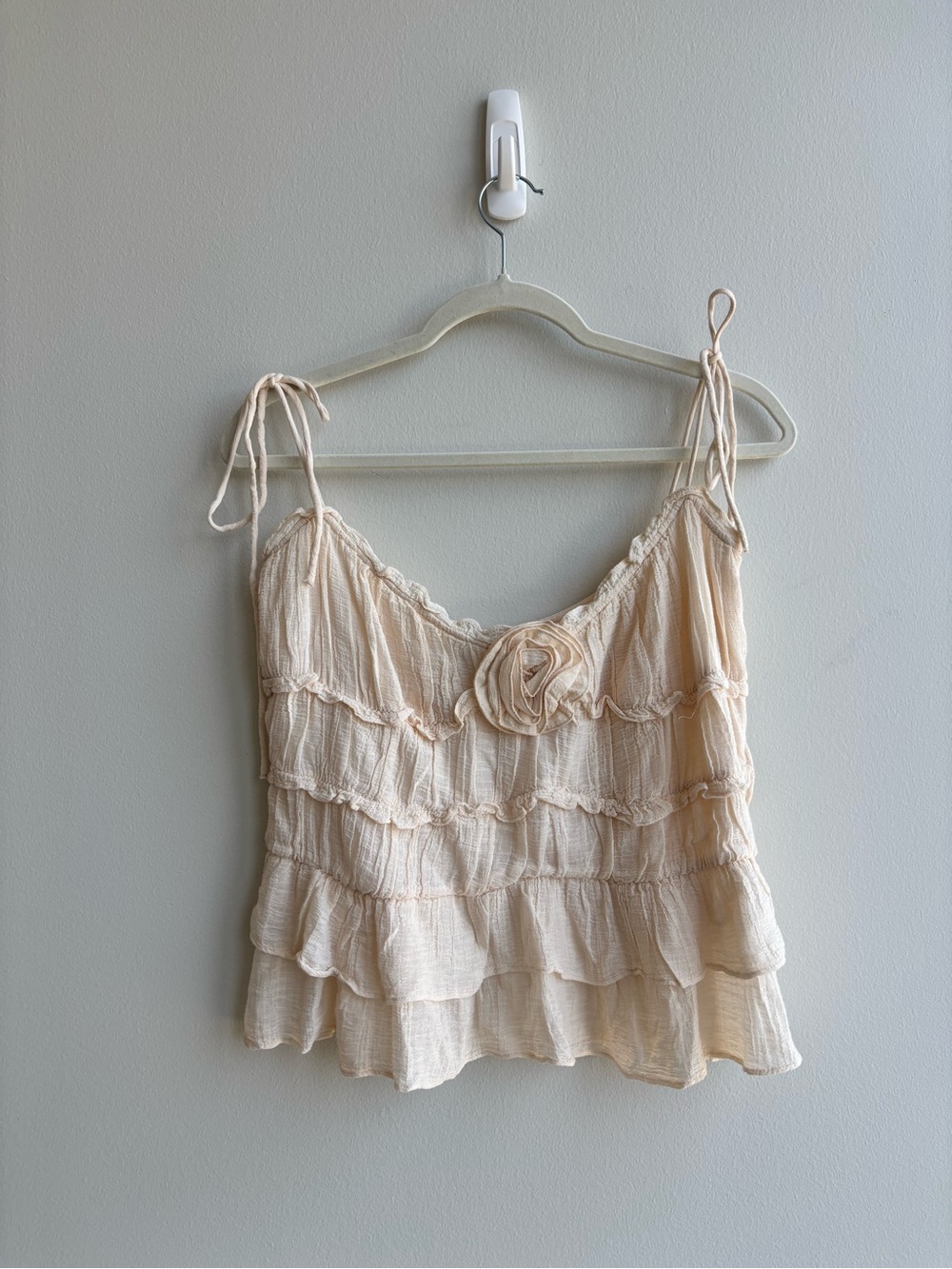 Zara NWT Tiered Ruffle Rosette Cami Top Cream XL Cottagecore Tie Strap Cotton - Picture 2 of 5